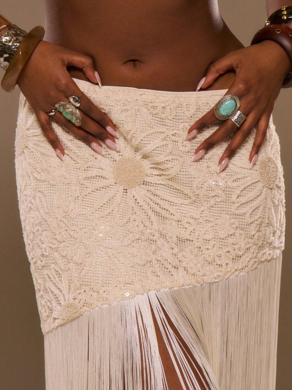 Cream Sun Patterned Lace Fringed Women's Midi Skirt - Picture 5 of 6